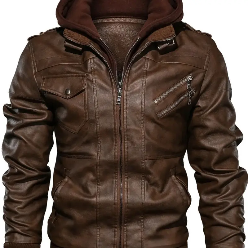 Men's Slim Fit Solid Zip Up Pocket Hooded PU Jacket, Trendy Casual Coat, Trendy Outerwear for Daily Outdoor Life, Men Clothing for Spring Fall, Zip Up Jacket