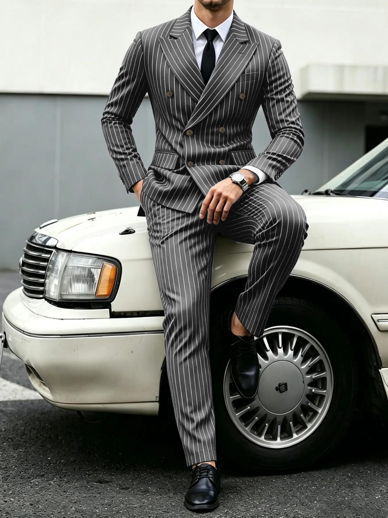 Men's Formal Striped Suit Set, Notch Lapel Design, Striped Two-Button Blazer, Straight Leg Pants, Business Casual