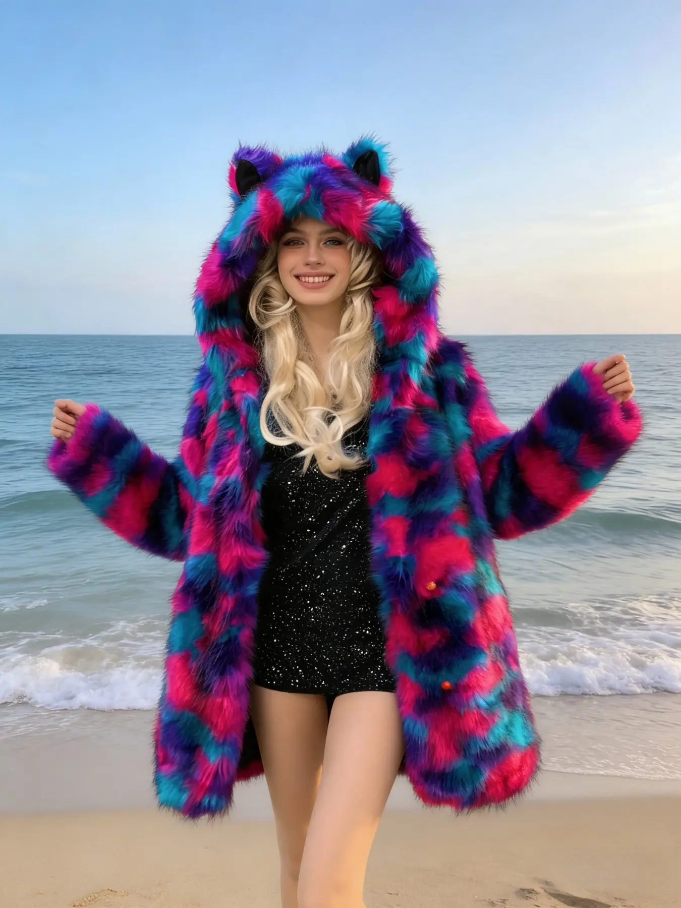 Women's Colorblock Faux Fur Hooded Mid‑Length Coat, Luxury Plush Outerwear, Fall Winter Trendy Festival & Street Style