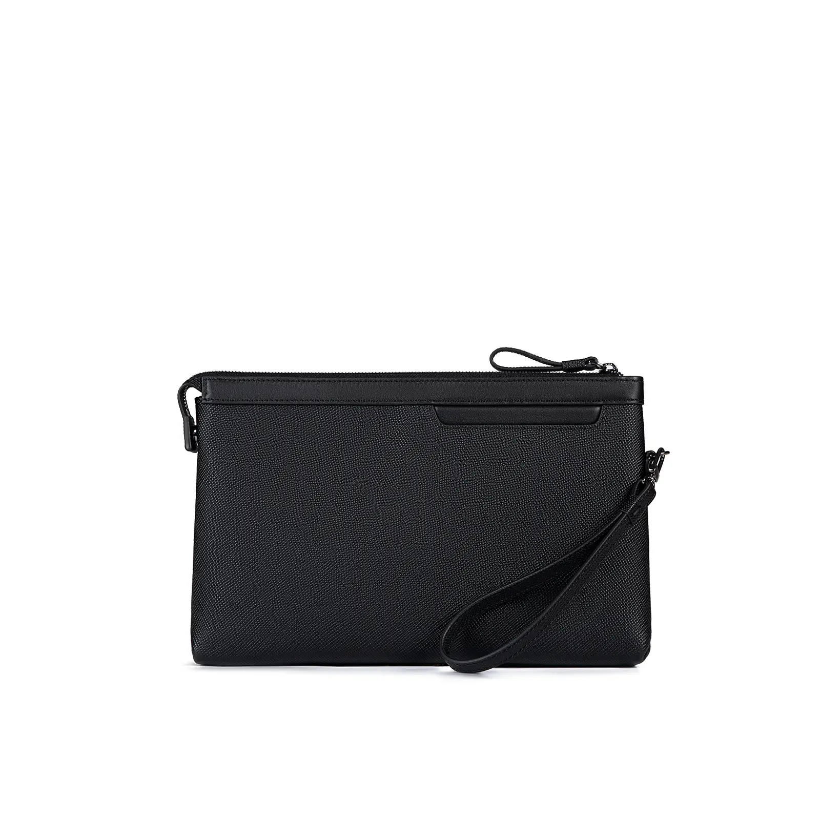 Men's Minimalist Plain Top Grain Saffiano Leather Wristlet Clutch Bag - Black Business Handbag with Detachable Wrist Strap, Zip Closure, Multi-Compartment Design, Outer Phone Pocket