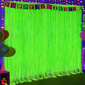 2 Pack Glow in The Dark Party Curtains 6.6 x 6.6 ft Fluorescent Macaron Yellow Tinsel Foil Fringe Curtains Neon Party Decorations Photo Booth Prop Backdrop Streamers for Birthday Halloween Party Decor