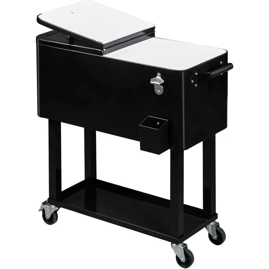 Rolling Ice Chest with Portable Wheels, 2-Sided Lid & Shelf - Outdoor Barbeque Backyard Party Beverage Cooler Cart with Bottle Opener (for Camping Hiking Camp Kitchen)