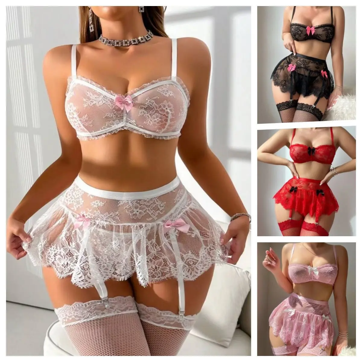 Women Sheer Lace Mesh Babydoll Lingerie Set See through Teddy Push Up Bra Thong Garter Belt Bodystocking Sexy Costumes