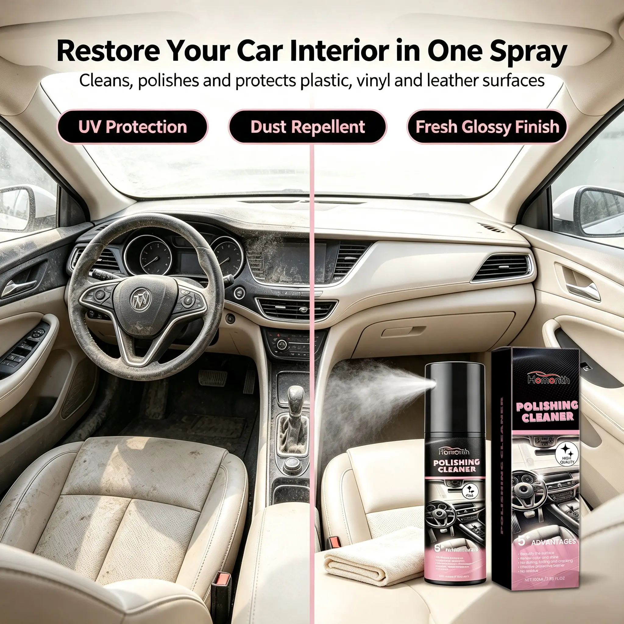 2Pcs Car Interior Cleaner Spray, Dashboard Polish & Protectant, UV Protection, Dust Repellent, Plastic Vinyl Leather Restorer, Car Cleaning Spray