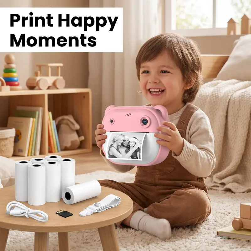 Instant Print Camera with 6 Rolls Thermal Paper & Memory Card, Photo, Video, Black & White Printing, Filters & Games, Birthday & Christmas Gift, Instant Cameras That Print Photos