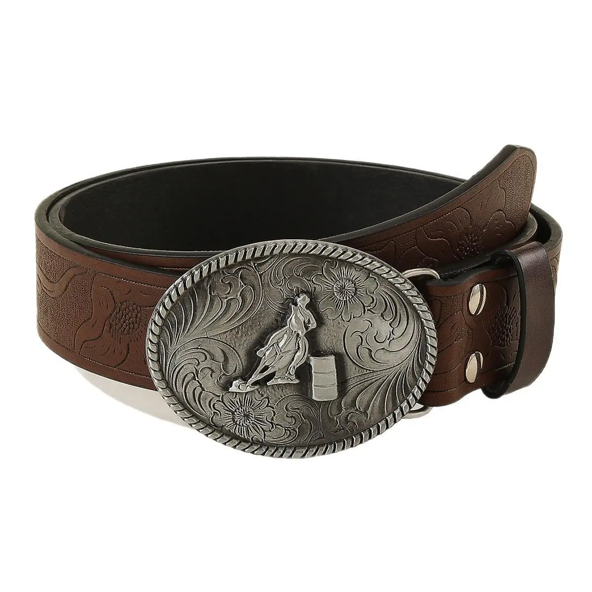 Western Cowboy Belt - Western Accessories with Barrel Racing Horse Buckle, Tooled Floral Pattern, Western Belt, Heavy Duty