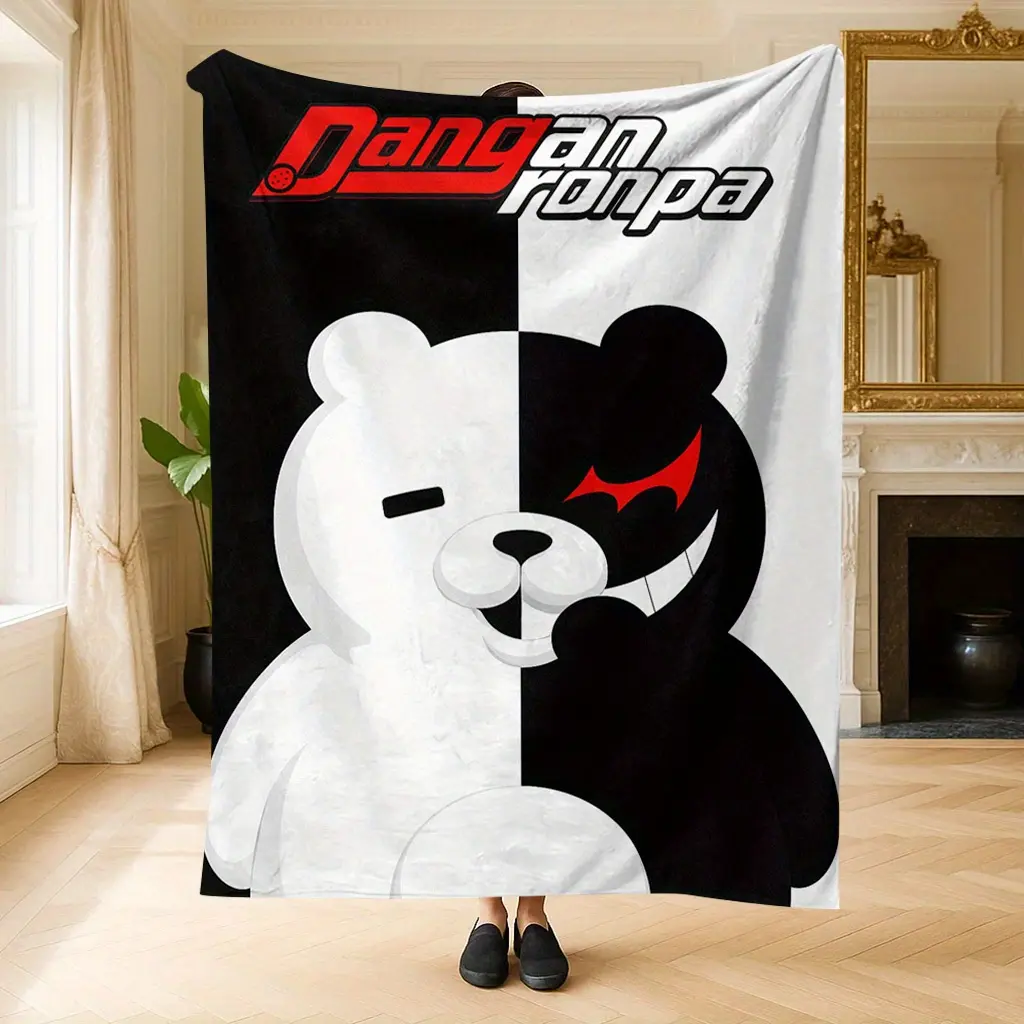 1pc flannel blanket with Monokuma pattern, perfect for home, dorm, picnic, and more multifunctional uses, soft and cozy throw blanket, lightweight and warm, decorative and comfortable, suitable for all seasons, easy to carry and store, great for