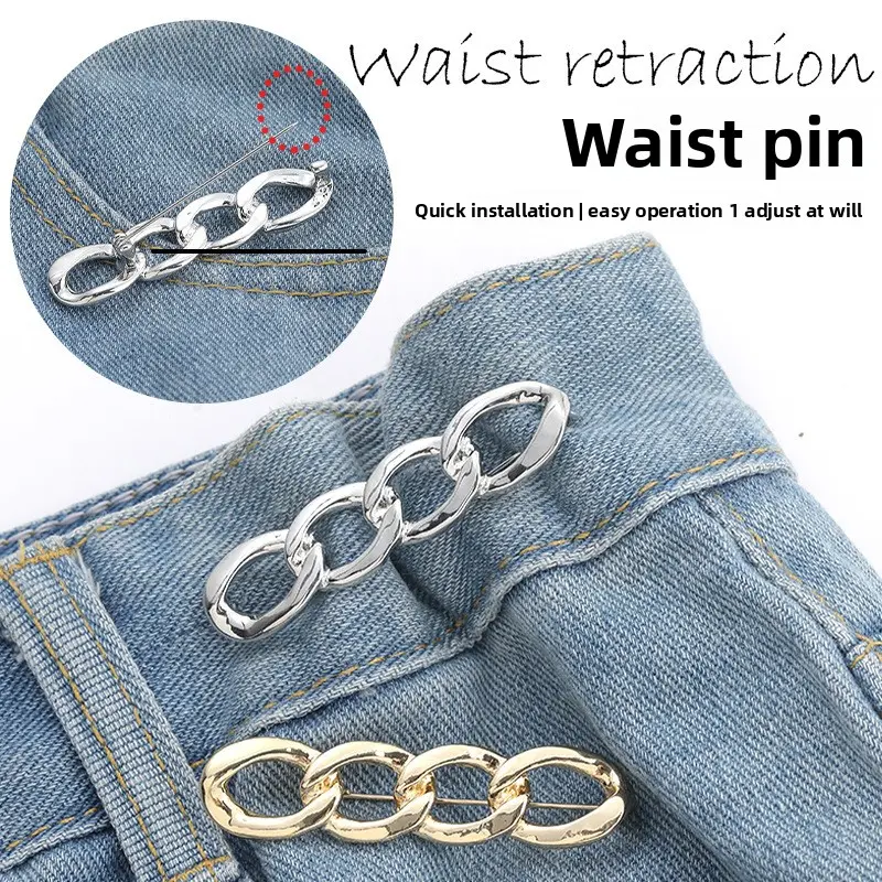 Pin Style Alloy Chain Waist Tightener Buckle, No Sew No Nail Detachable Waist Adjuster, Reusable Pant Waist Resizer Cinch Tool, Instant Waist Reduction for Loose Jeans Pants Skirts Dresses