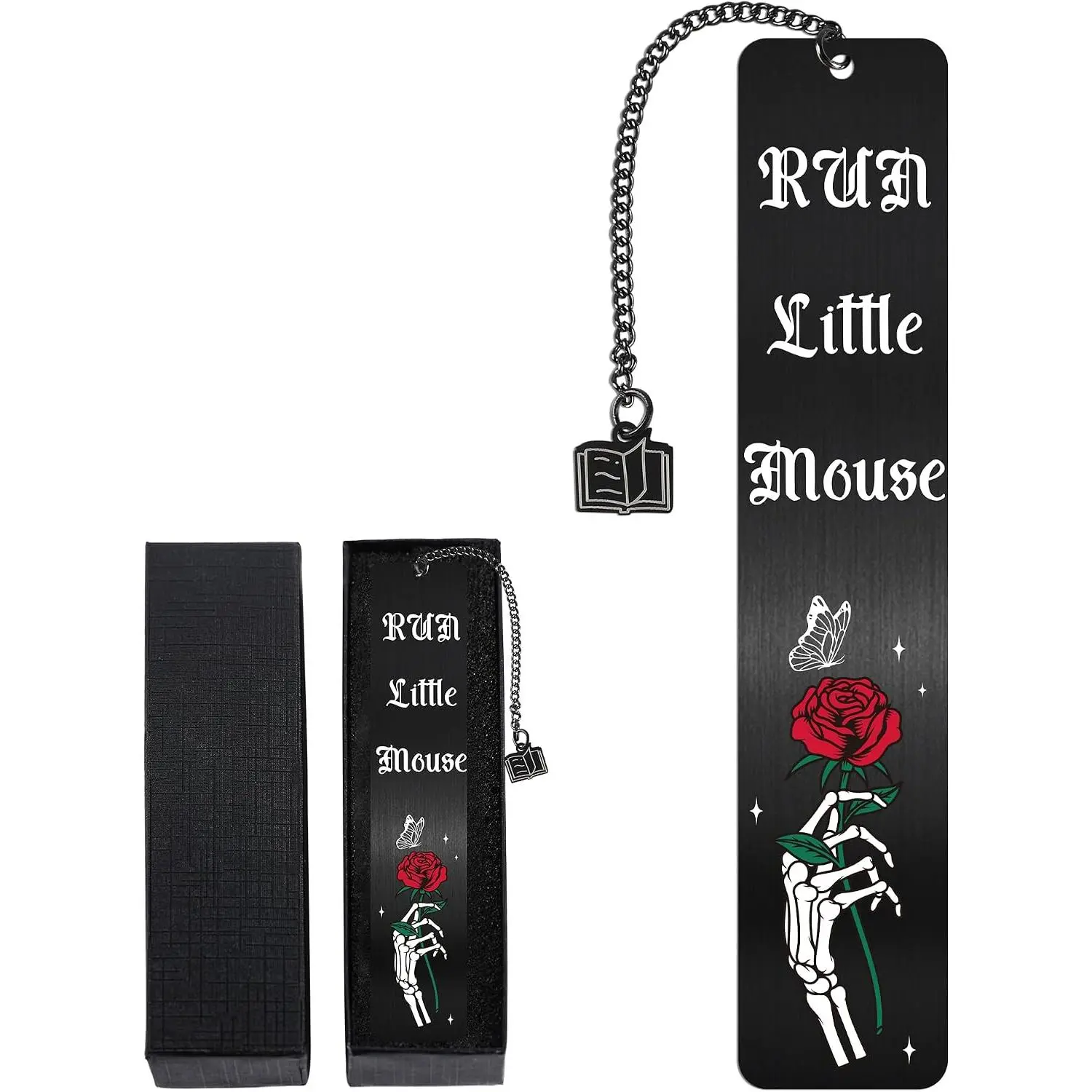 Dark Romance Gothic Metal Bookmarks, Skeleton Rose Page Holder with "Run Little " Quote, Black Chain Charm Bookish Gifts for Women, Spicy Romance Reading Office Stationery