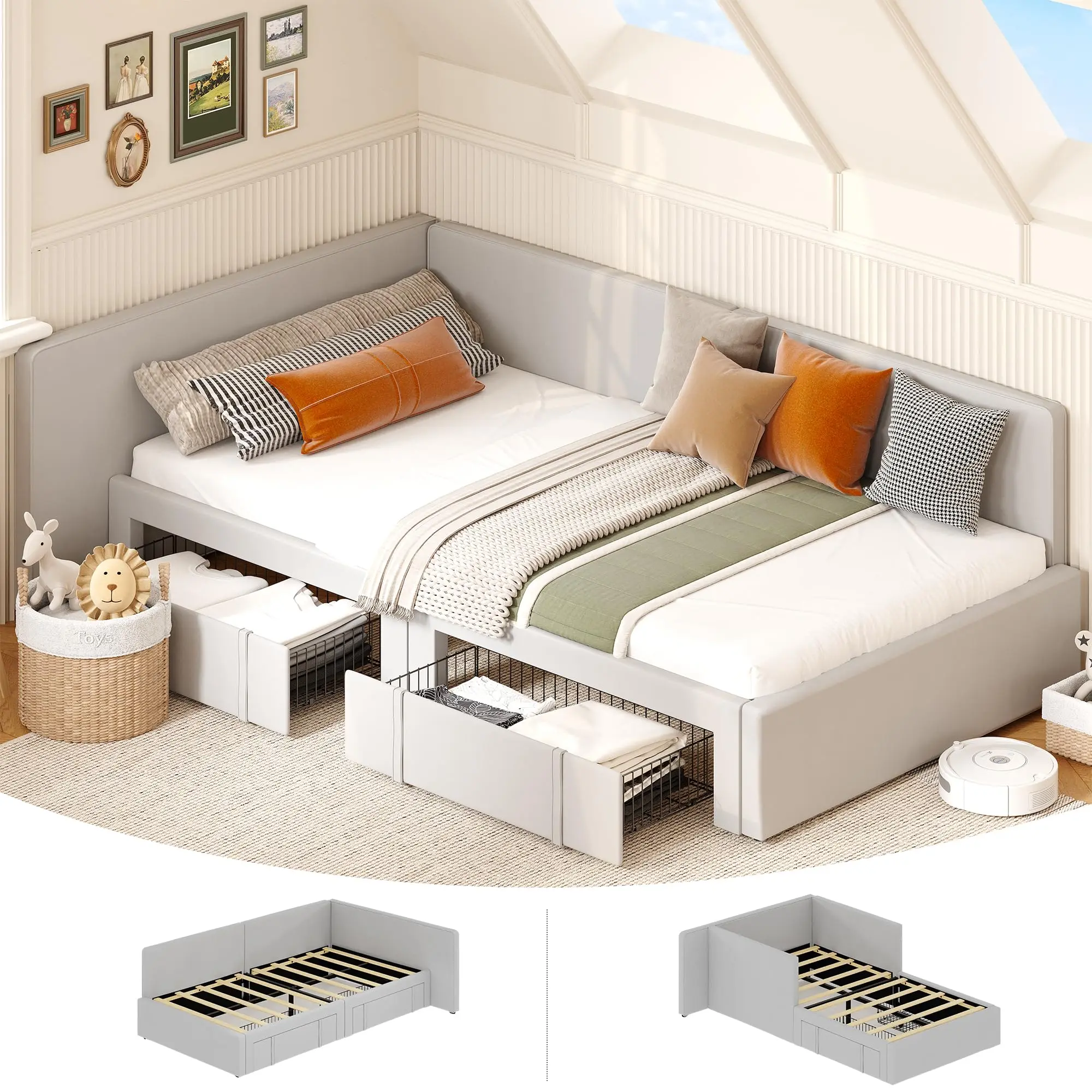 Twin Daybed Corner Bed Frame w/ 2 Storage Drawers & Extended Headboard and Bed Rails – Velvet Upholstered Sofa Bed with Guardrail for Bedroom – Adjustable Installation