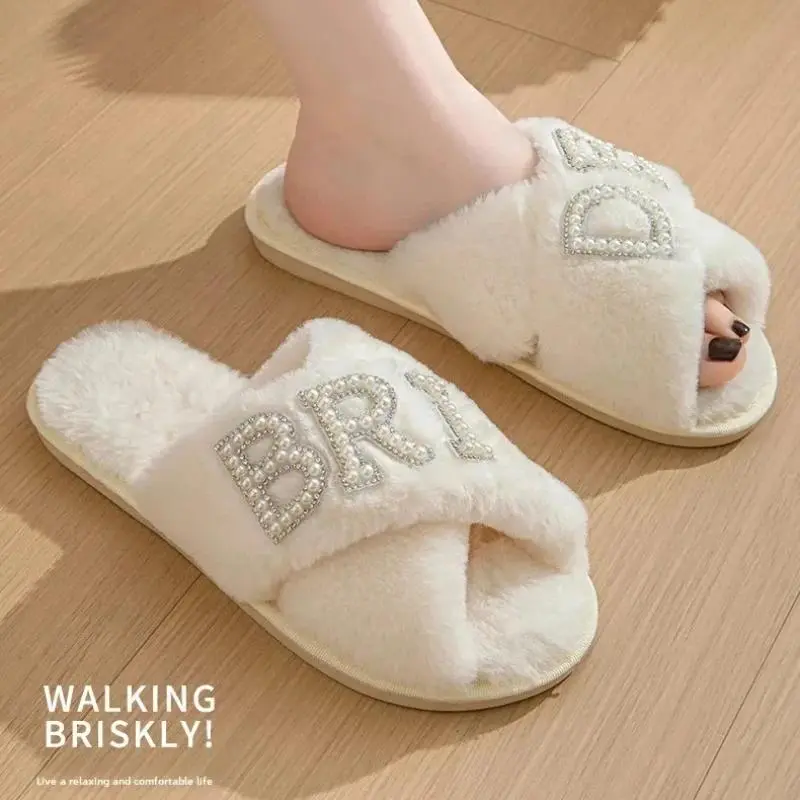 Pearl Letter Bride Popular Women's Slippers Bachelor Party Wedding Plush Comfortable Slippers TPR Sole Indoor Home Slippers