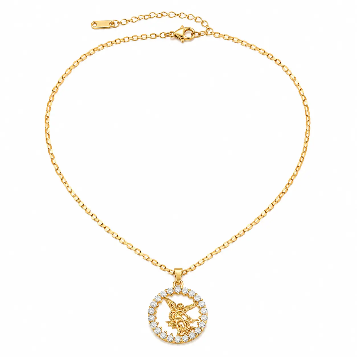 Women’s Angel Pendant Necklace 18K Gold Plated Necklace with Cubic Zirconia Halo Charm, Stainless Steel Chain Hypoallergenic Dainty Jewelry Gift for Women Girls