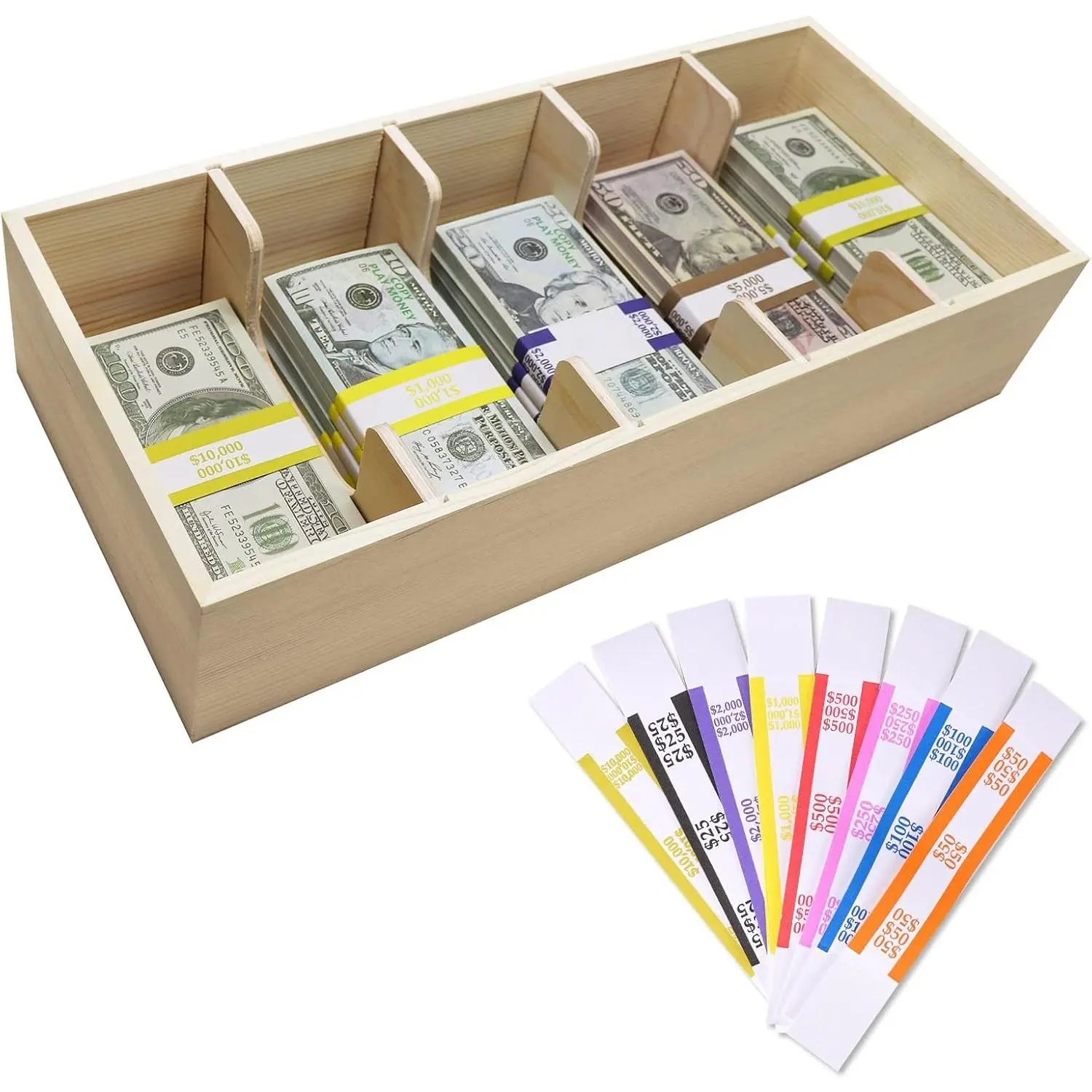 5-Compartment Open-Top Wooden Tray - Money Sorting Organizer with 300 Wrappers, Simple Look Accounting Supplies Storage Case for Office Stationery