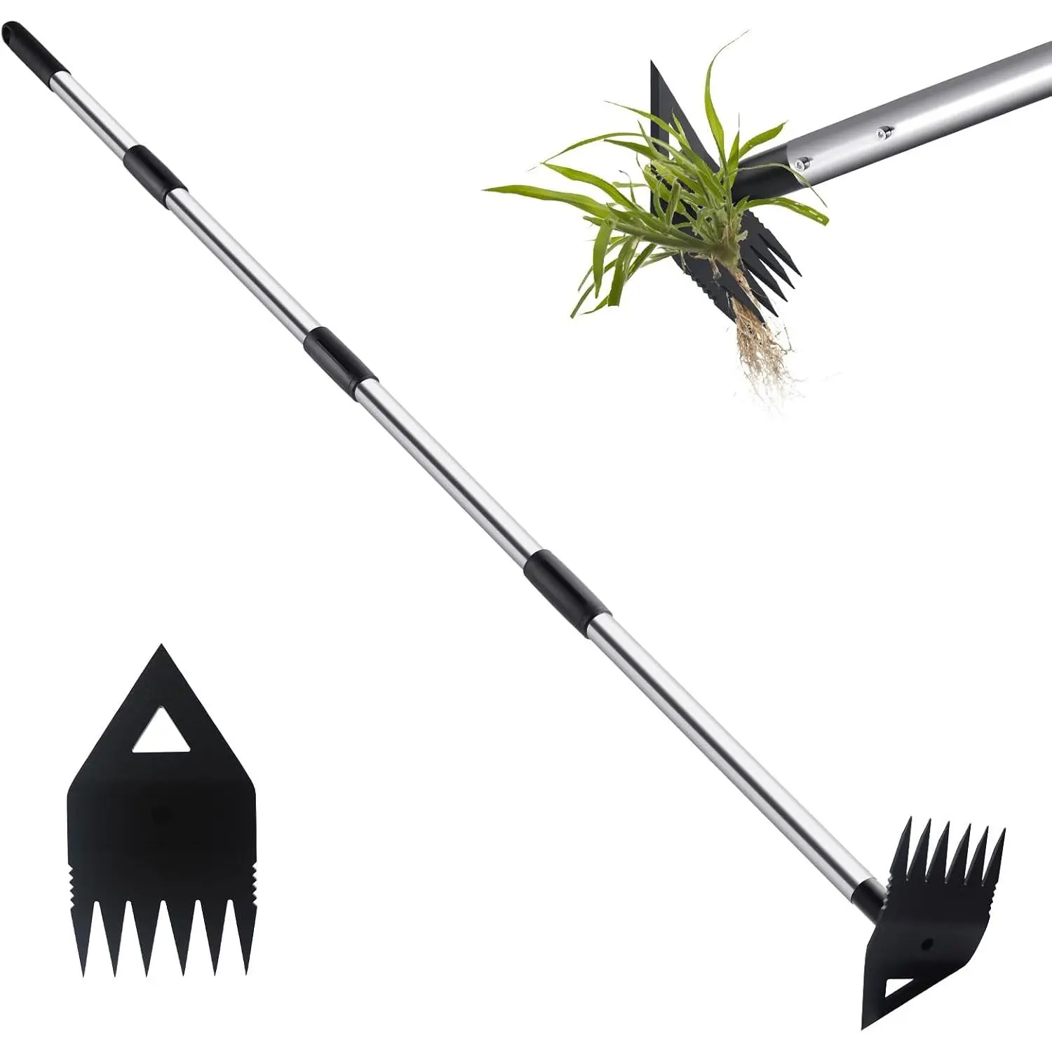 Weed Puller Tool with Long Handle, Hoe Garden Tool & Weed Rake for Weeding | 60" Long Handle Garden Hoe & Rake, 2-In-1 Weed Remover Tool, Hand Weeder Garden Tool for Yard, Flower Bed, Lawn, Patio, Black