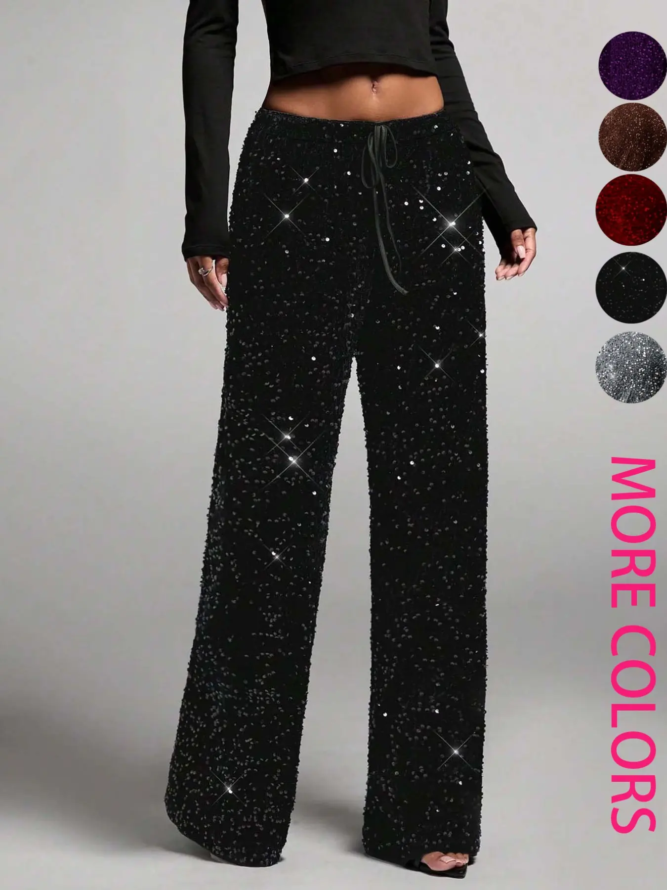 Glitter Fashion Drawstring Adjustable Slimming New Loose Pants, Elastic Straight Leg Jeans, Trendy Elegant Women's Clothing, Comfortable and Stylish, Trouser, Bottoms
