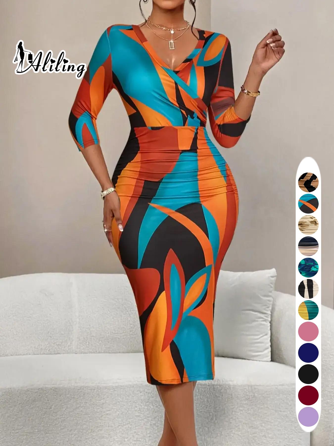 Aliling Women's Dress Valentine's Day Women's Clothing Summer Thin Elegant Midi V-Neck Half Sleeve Geometric Print Ruched Slim-Fitting Dress