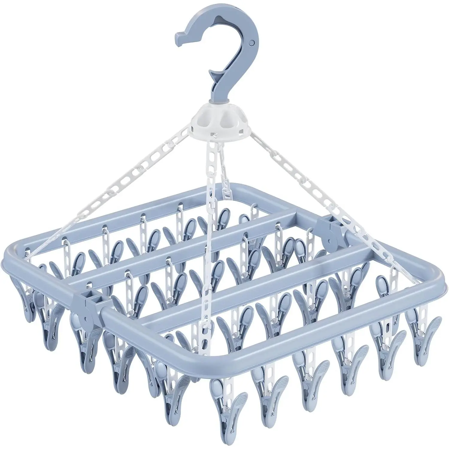 Clothes Drying Rack with 32 Clothespins, Bule Foldable  Drying Racks, 360° Rotatable Hook for Drying Towels Bras  Clothes Gloves Plastic, Clothes Drying Foldable-Bule