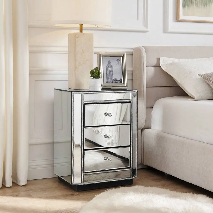 Mirrored Nightstand Silver Bedside Table With 3 Drawer, Modern Glam Mirrored Side Table With Crystal Knobs, Luxury Accent End Table With Storage Drawers, Fully Mirrored Furniture With Beveled Glass And Trim Bedroom, Living Room, Or Entryway