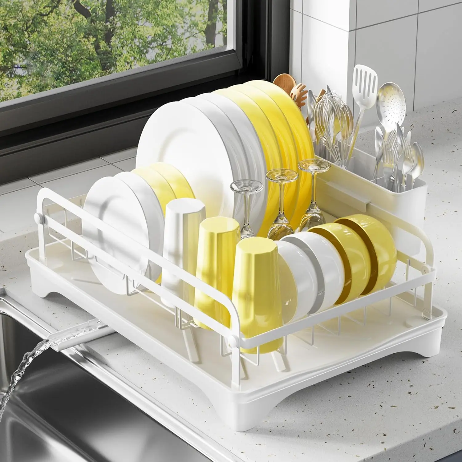 Dish Drying Rack for Kitchen Counter - Kitchen Dish Rack with Drainboard, Small Dish Drainer with Utensil Holder for Sink, 16.5" D x 11.6" W x 6.6" H, White