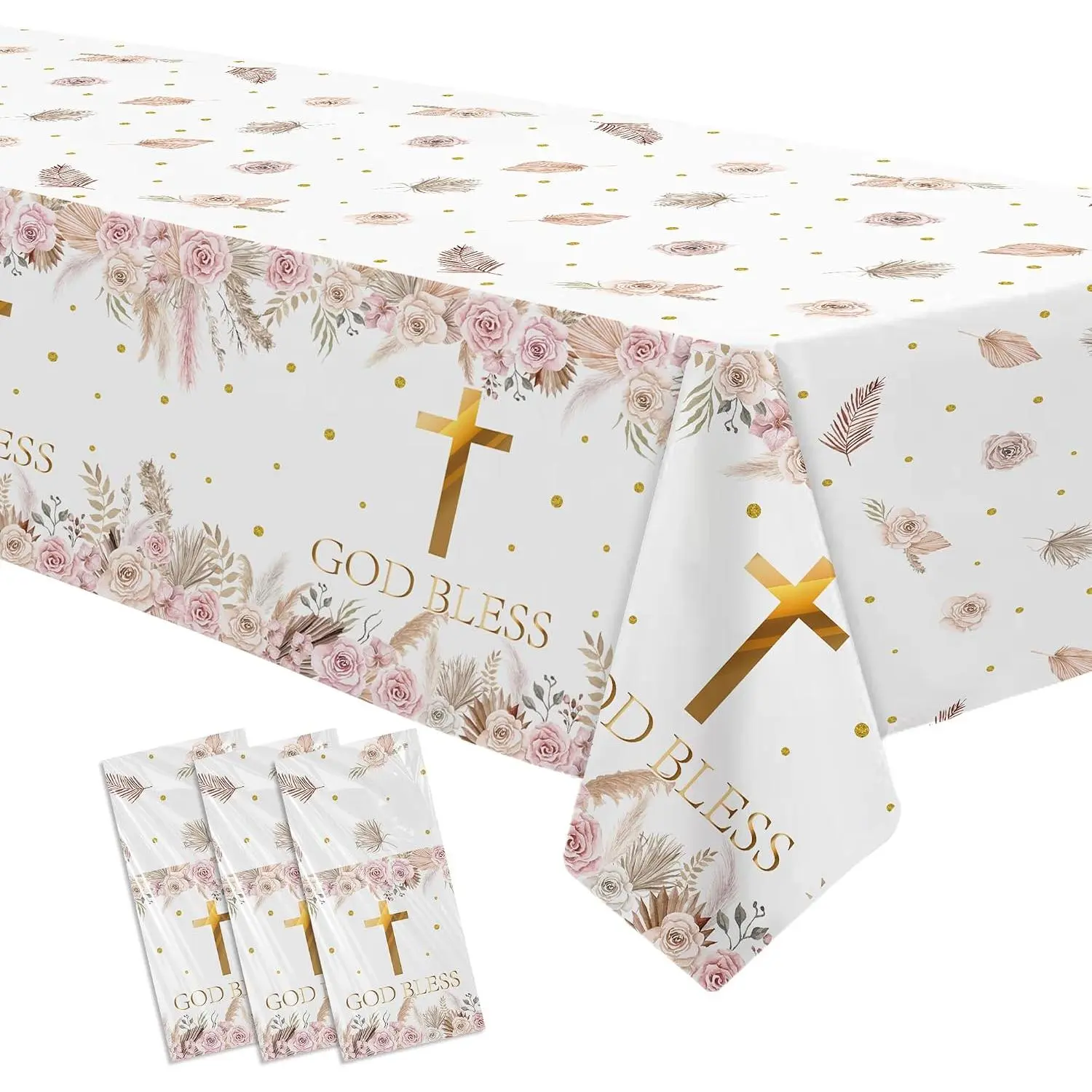 Boho Religious Floral Disposable Tablecloth Set, 3-Count Modern Synthetic Pampas Grass Decor for Baptism & First Communion, 86in x 55in Party Supplies Tablecover, 86X55 In