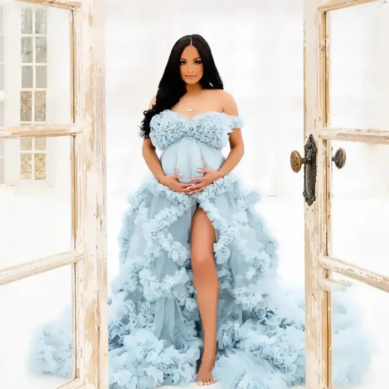 Pregnancy dress elegant pregnant woman evening dress robe one shoulder long transparent bride pregnancy tulle skirt fashion personality show belly