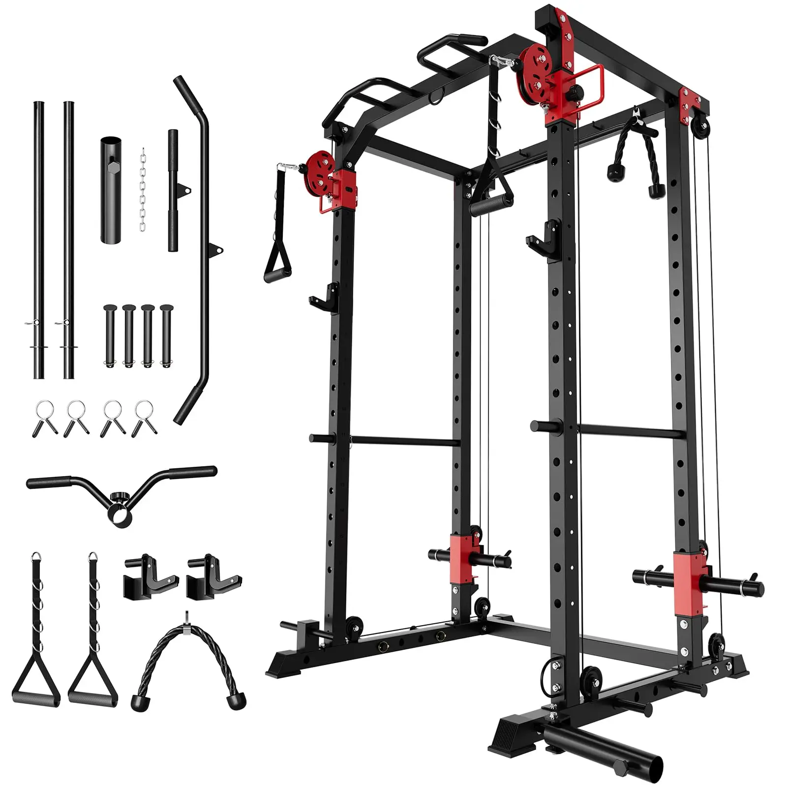 Power Cage with Dual Pulley System, 1600LB Multi-Function Squat Rack with Cable Crossover & LAT Pull Down, All-in-One Home Gym Strength Training Cage for Full Body Workout, Red Black