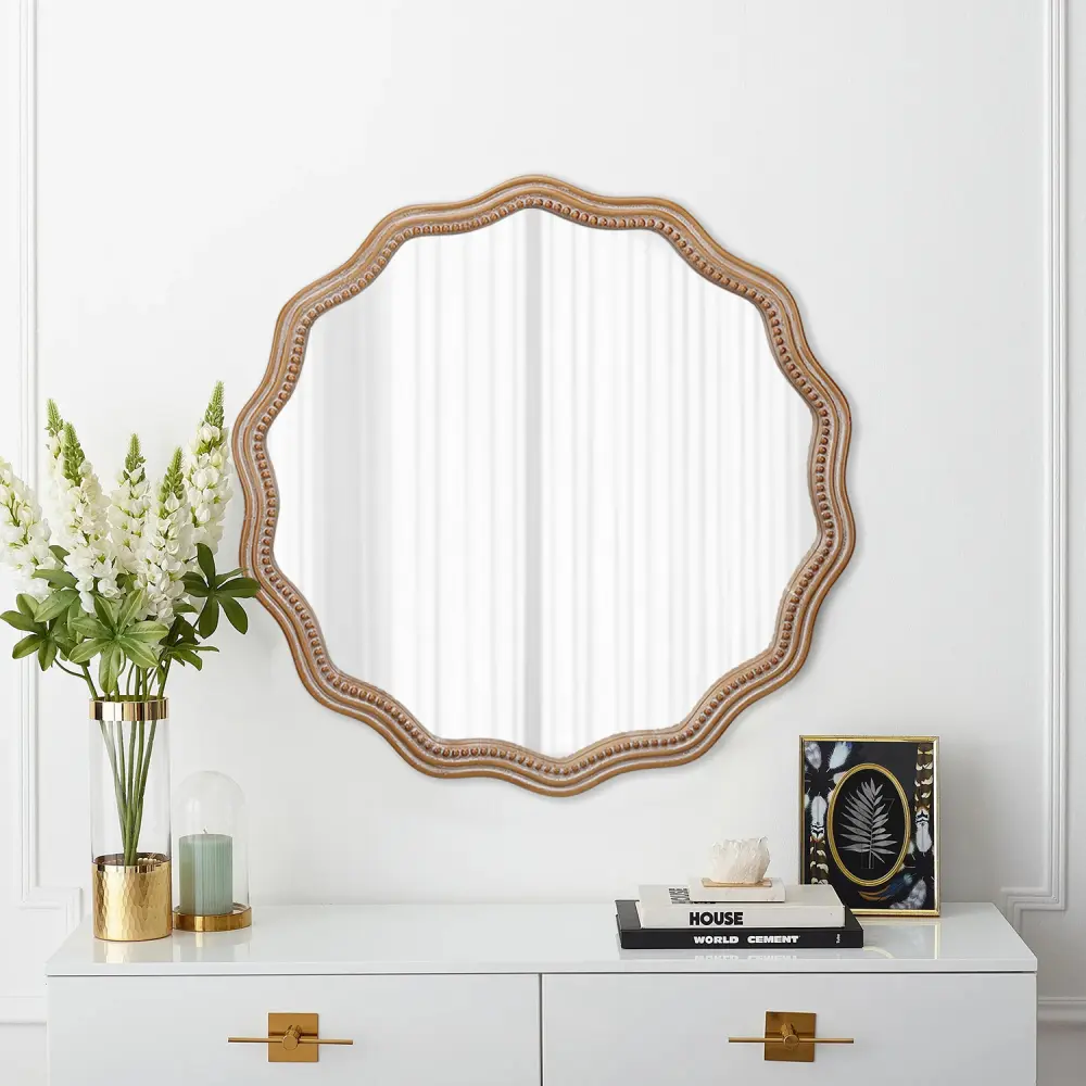 Littleox 23.62 inches Wood Round Wavy Wall Mirror Round Wall Mirror Scalloped Mirror -Large Decorative Wood Framed Hanging Circle Mirror Modern Farmhouse Decor for Bathroom,Living Room, Nursery Decor