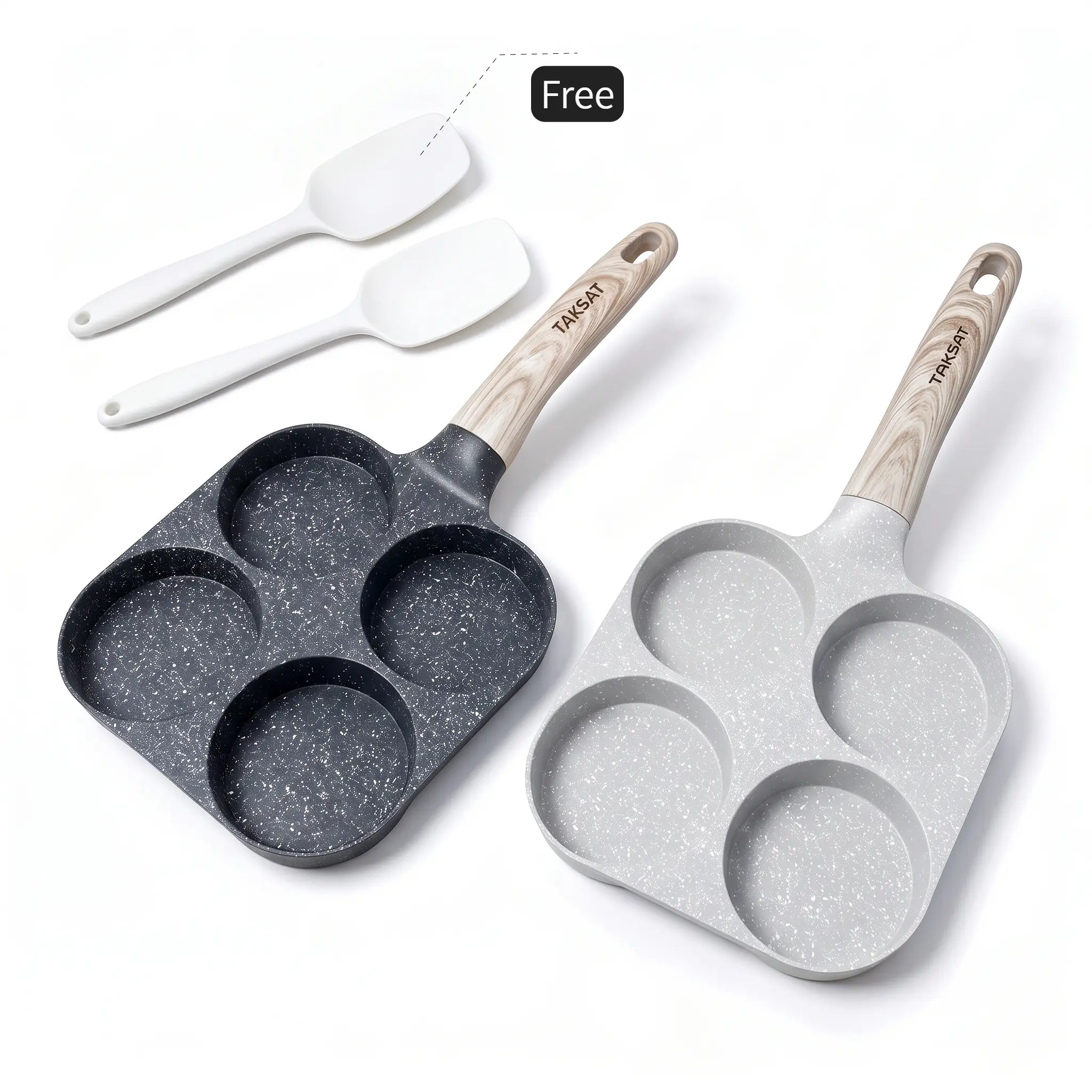TAKSAT 4-Hole Nonstick Breakfast Pan - Fast-Heating Skillet, Easy-Clean Wooden Handle, 4-in-1 Multifunctional for Eggs & Hamburgers, Family Breakfast Prep Kitchen Gadget, Cookware, Aluminum Alloy