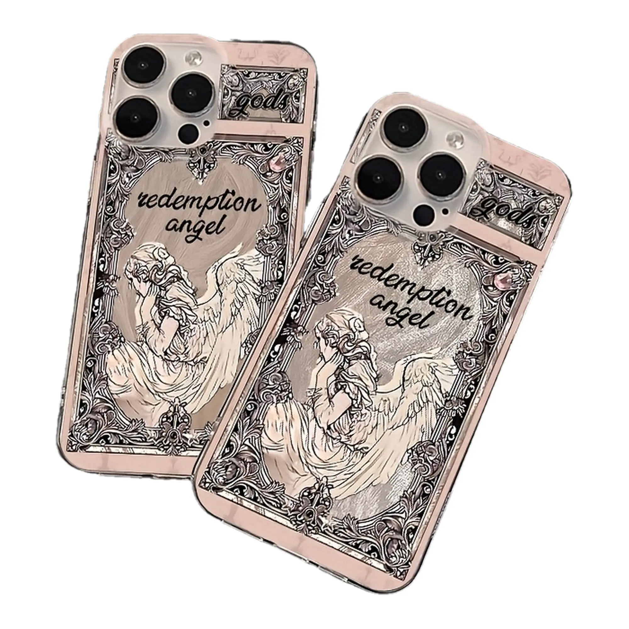 Baroque Sorrowful Angel Phone Case, Vintage Ornate Winged Figure Pink Cover for iPhone 17 16 15 14 13 12 11 X Plus Pro Max, Gothic Gift
