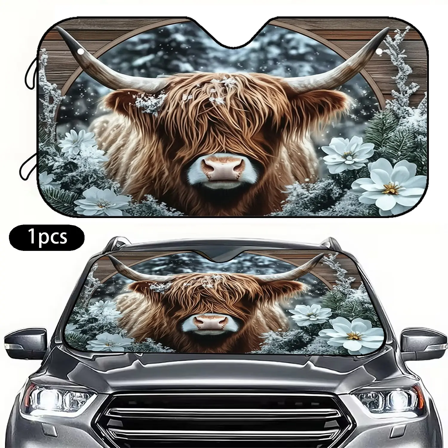 Snowy Long-Haired Cow Portrait Car Windshield Sunshade, Sun Cover For Car Windshield, Polyester Reel Front Window Protector, Universal Vehicle Sunshade for Cars, Trucks, Suvs