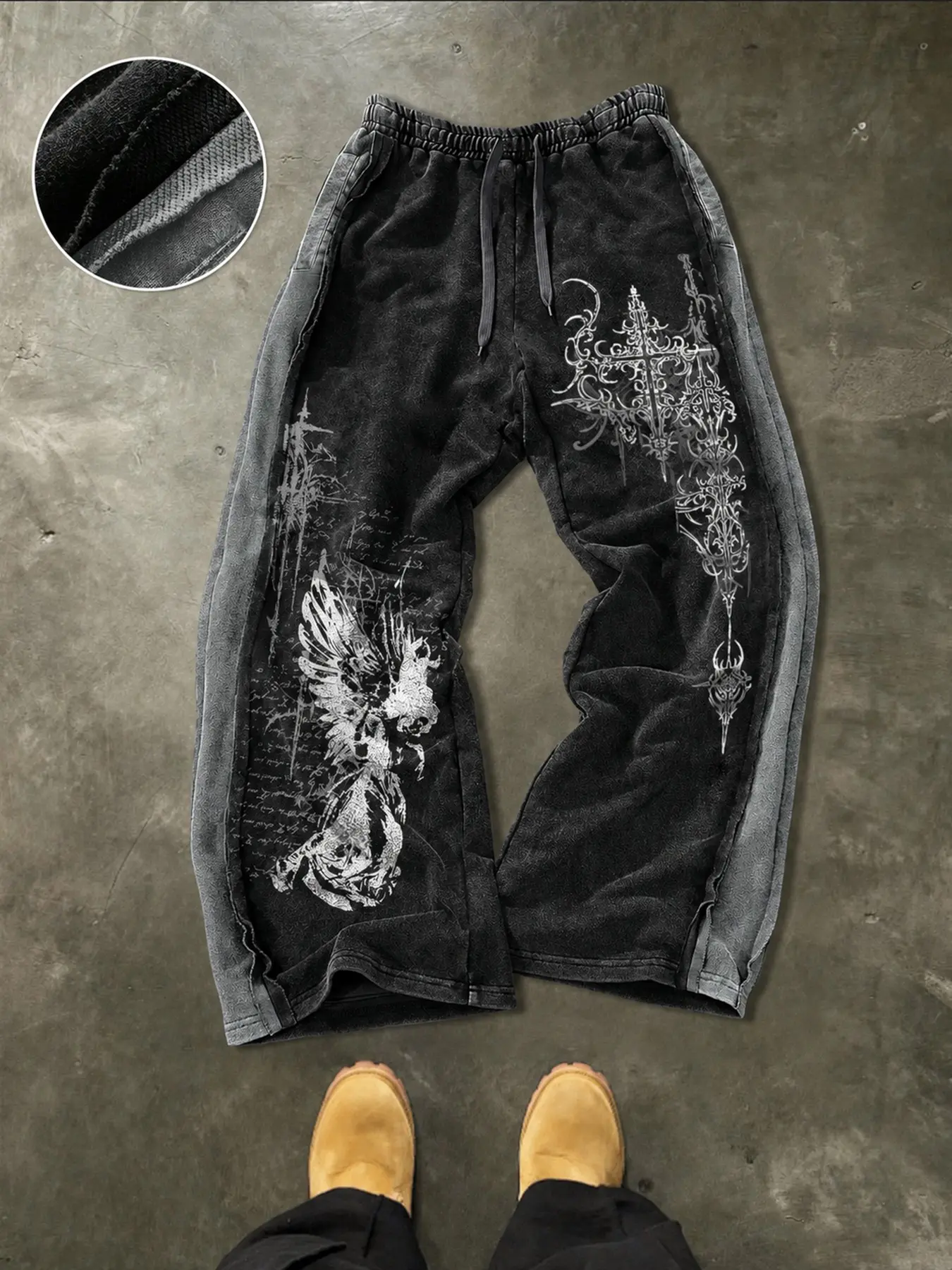 Men's Vintage Washed Sweatpants, Gothic Cross Angel Print, Drawstring Waist, Loose Wide Leg, Streetwear Pants with Pockets