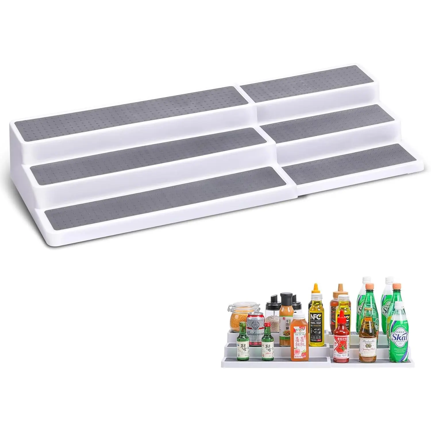 3 Tier Expandable  Rack Organizer, Plastic  Rack, Adjustable Length 14.6In-25.8In, Non-Skid Tiered  Shelf Organizer for Kitchen Cabinet, Cupboard, Pantry, White/Grey