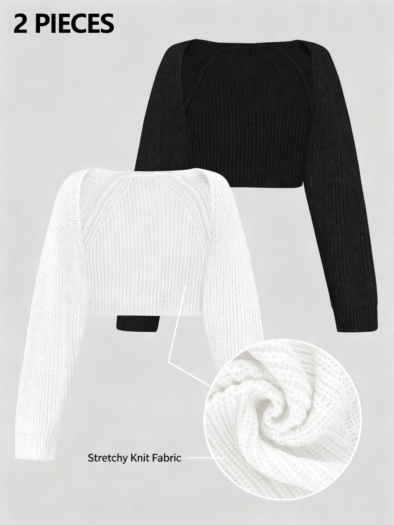 Women's Casual Cropped Bolero Cardigan, Solid Color Knit Open-Front Long-Sleeve Cropped Jacket, Stretchy Knit Cropped Shrug Cover-up, Matches Dresses and Camisoles, Available in Black, White and Khaki