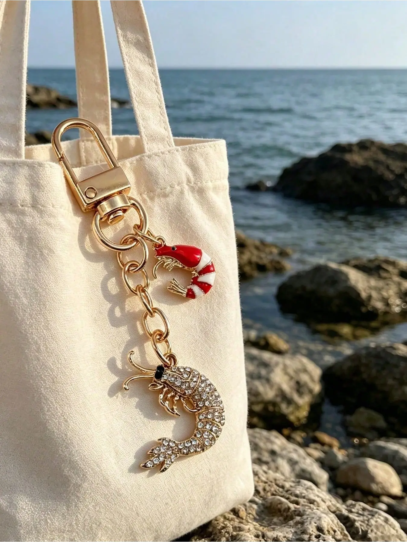 Ocean Theme Alloy Keychain, Elegant Glitter Shrimp Design with Sparkling Rhinestones, Multifunctional Bag Accessory, Perfect Gift for All Occasions, Shrimp Charm Keychain