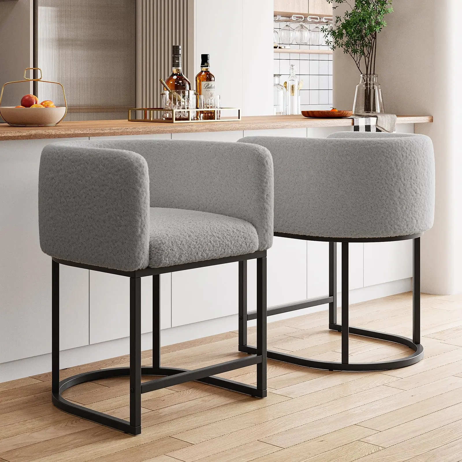 Modern Lambswool Upholstered Bar Stools Set of 2 – Counter Height Chairs with Cushioned Seat, Backrest & Arms, Sturdy Black Metal Frame, Ideal for Kitchen Island, Bar, or Dining Room