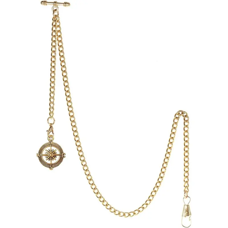 Men's Pocket Watch Keychain, Gold Color |   Vest chain, with 2 hooks, vintage compass pendant design, T-shaped chain clasp