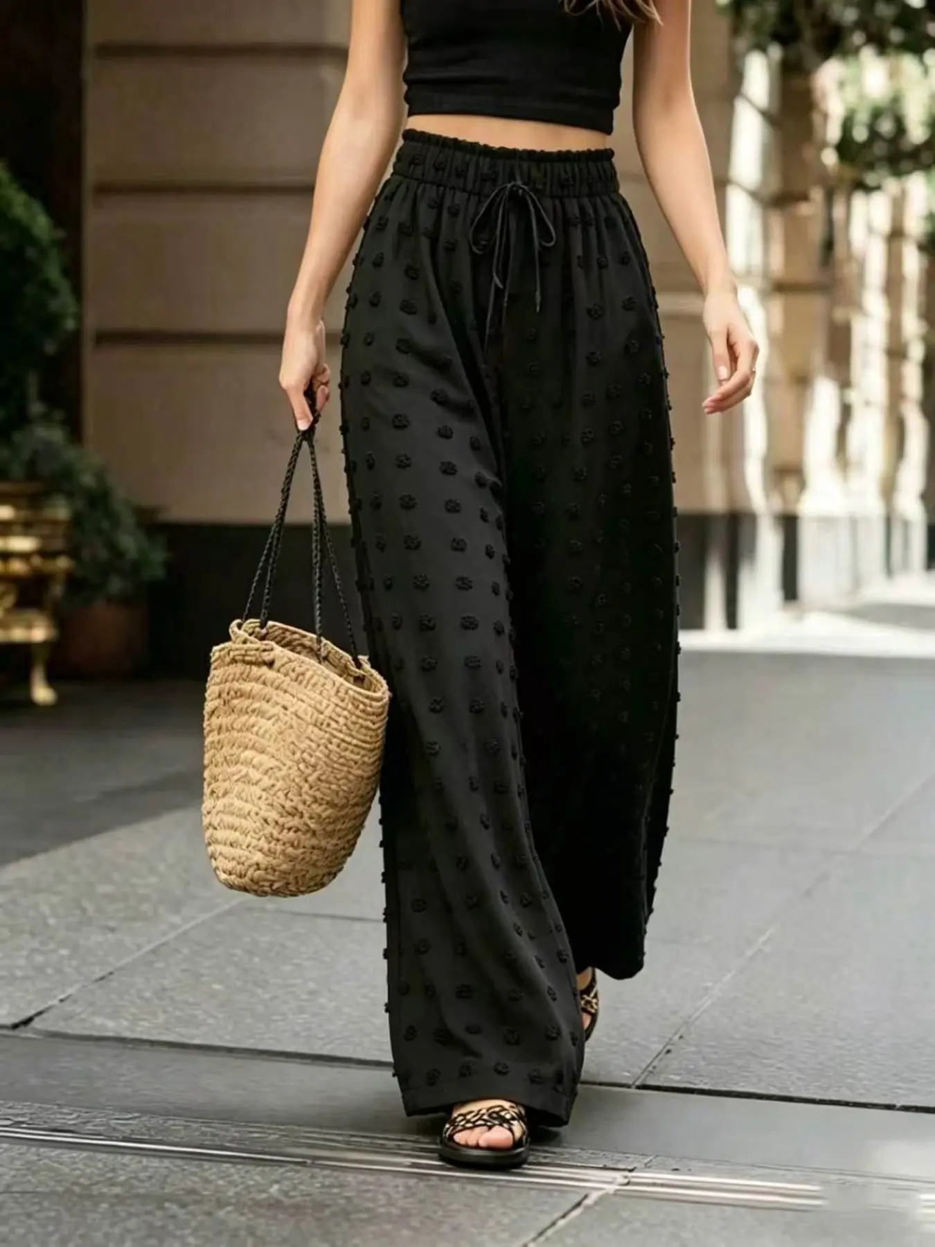 Women's Wide Leg Long Pants, Loose, Elastic, Ice Silk Wrinkle Big Pile Fabric, Unique Fashion, Comfortable Breathable, Casual Everyday Wear, All Seasons