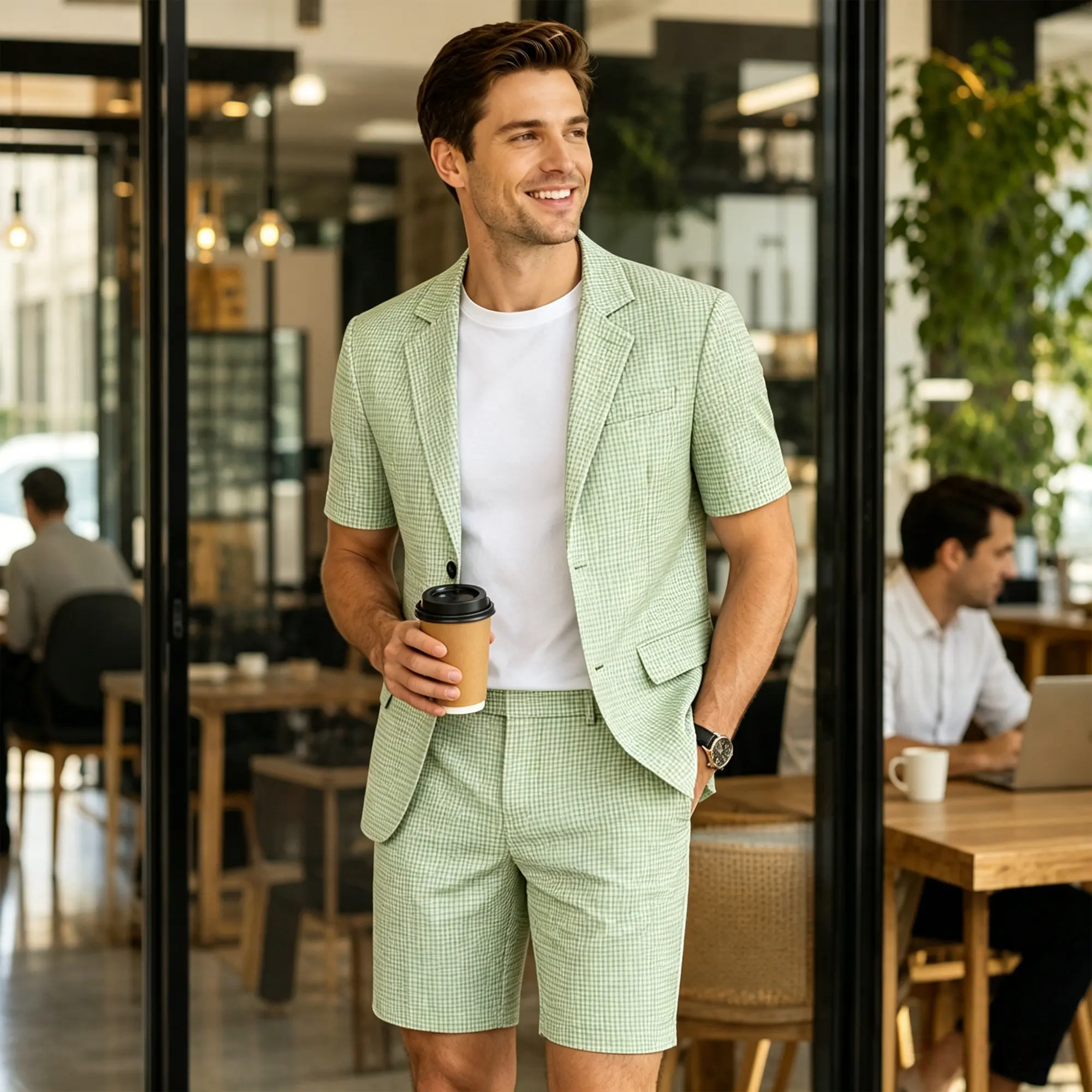 Men's Checkered Suit Set | 2-Piece Gingham Matching Outfit with Tailored Shorts | Lightweight Fabric in Mint & Light Blue, Retro, Polyester, Classic, Short Sleeve, Buttons, Casual, Blazer