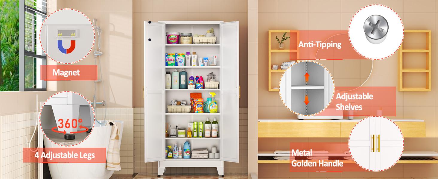 Metal Pantry Cabinet with 2 Doors and Adjustable Shelves - 71" Kitchen Storage Cabinet with Gold Handles - Versatile Storage for Kitchen, Bathroom, Dining Room, Utility Room - White