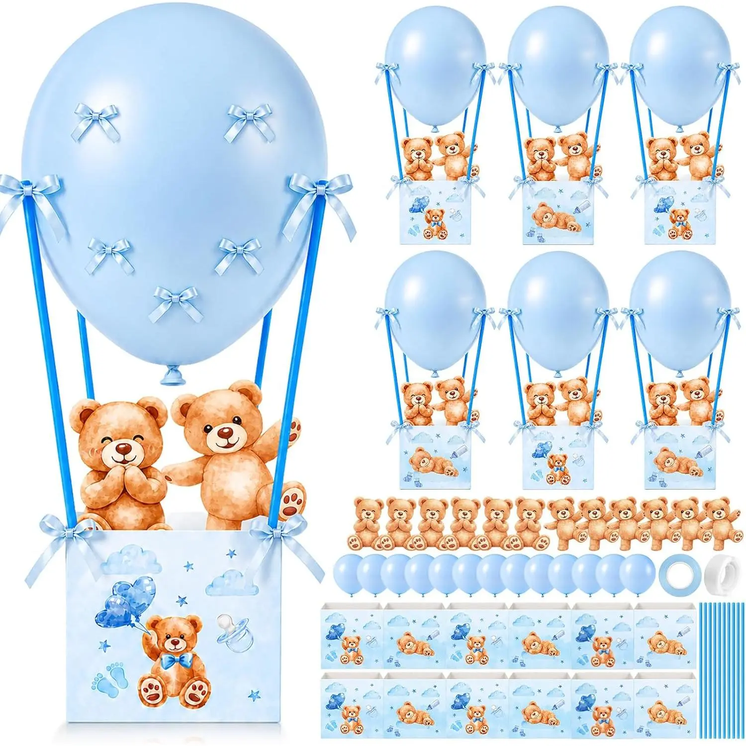 Cinrobiye 12-Set Teddy Bear Baby Shower Table Centerpieces Kit - Bear Favor Boxes, Balloons, Ribbons, Paper Straws - DIY Party Decor & Gifts for Baby Shower, Gender Reveal Parties