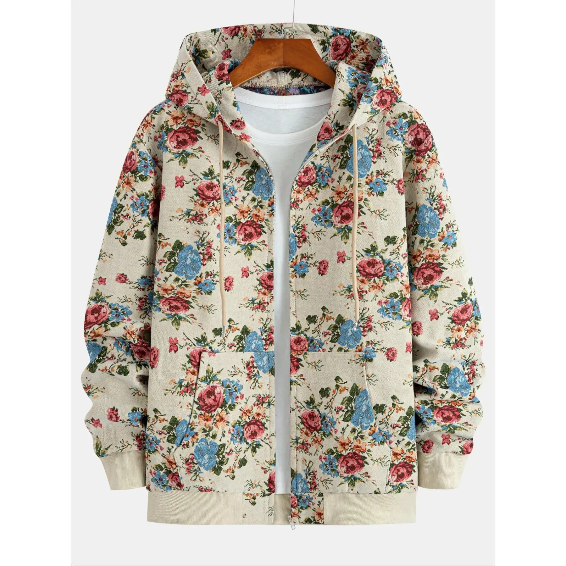 Men's Hooded Zipper Jacket Coat, Woven Chunky Yarn Jacquard Knit Sleeves, Plant Floral, Pockets, Casual Sportswear, Casual Fashionable Outerwear, Knitted Fall Winter Outerwear, Casual Loose-Fit Sweatshirt, Floral Print Hoodie