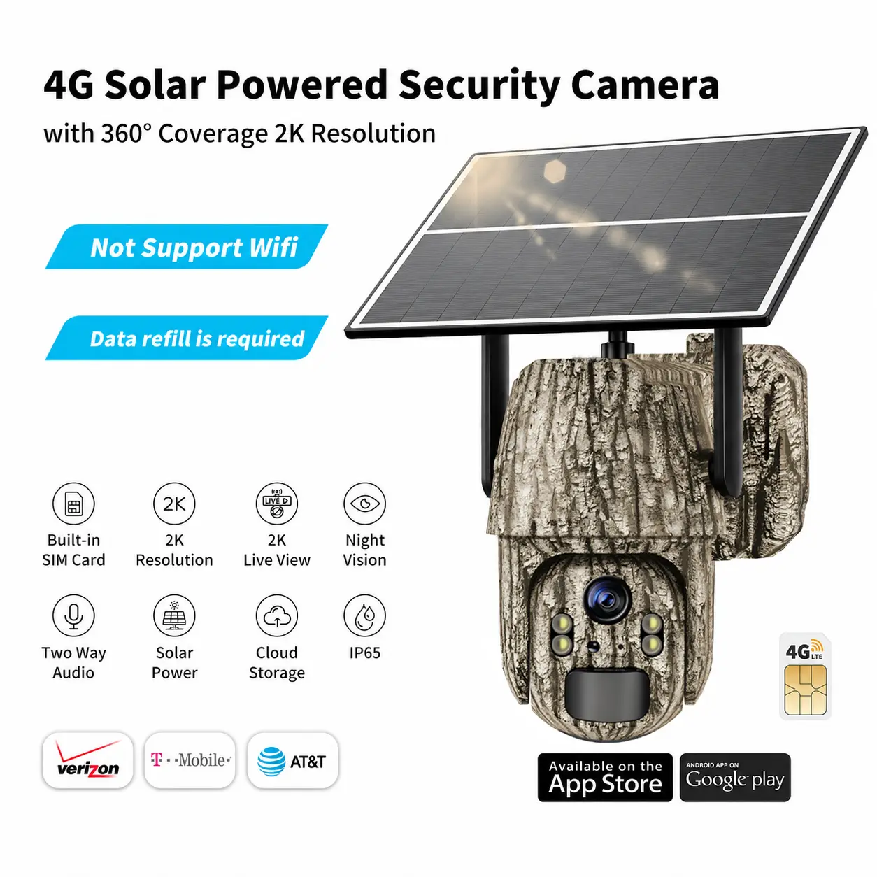 GMOX 4G LTE Solar Powered Security Camera, Wireless Outdoor 4K HD 360 °   Coverage, No WiFi Needed, Remote APP Control, Waterproof Motion Activated Camera with Night Vision data cellular card power cord