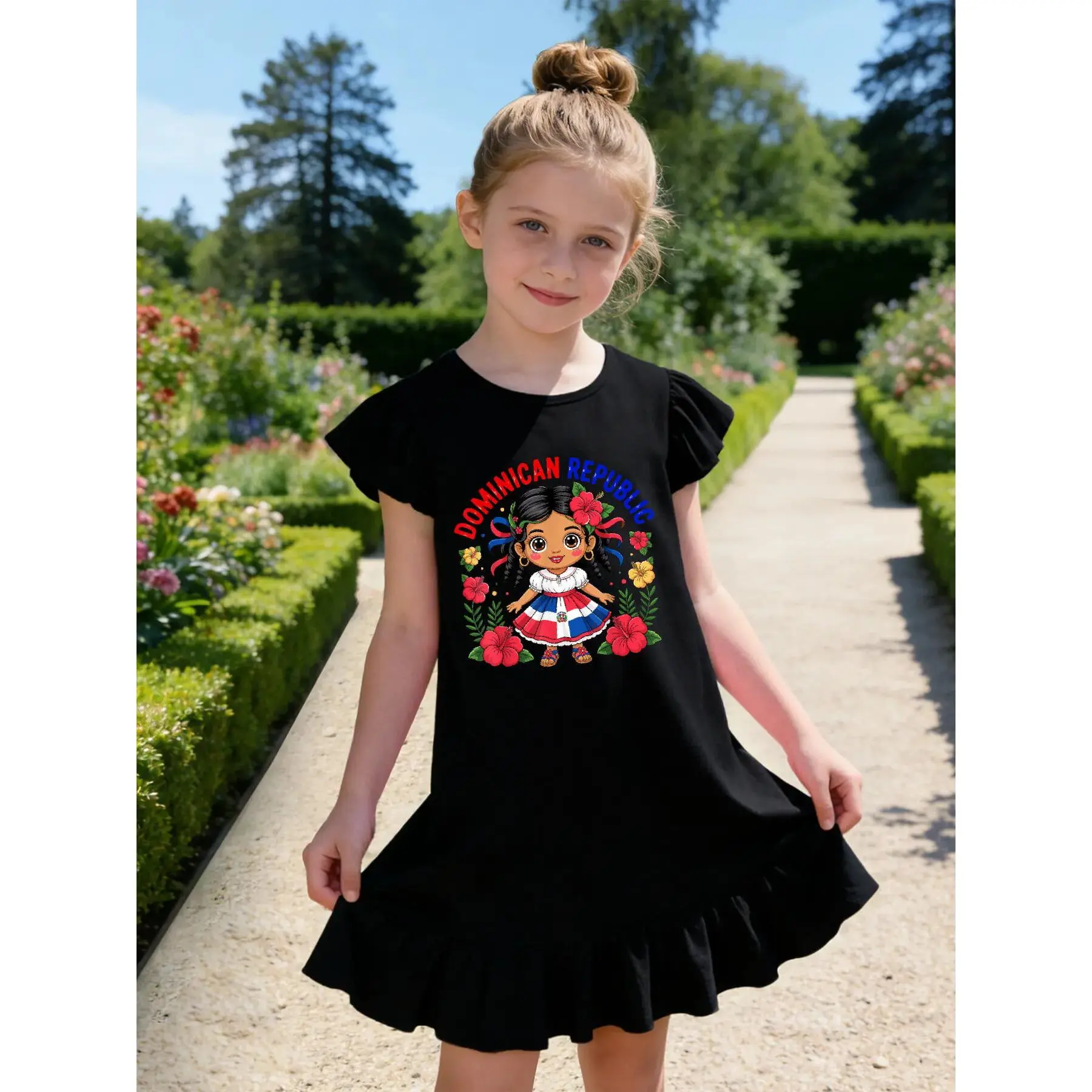 Dominican Republic Girl Dominicana Pride for Girls Girls' Summer Flutter Sleeve Casual Dress - Soft, Durable, Easy-Care, Ideal for School & Outdoor Activities - Fast delivery from local warehouse