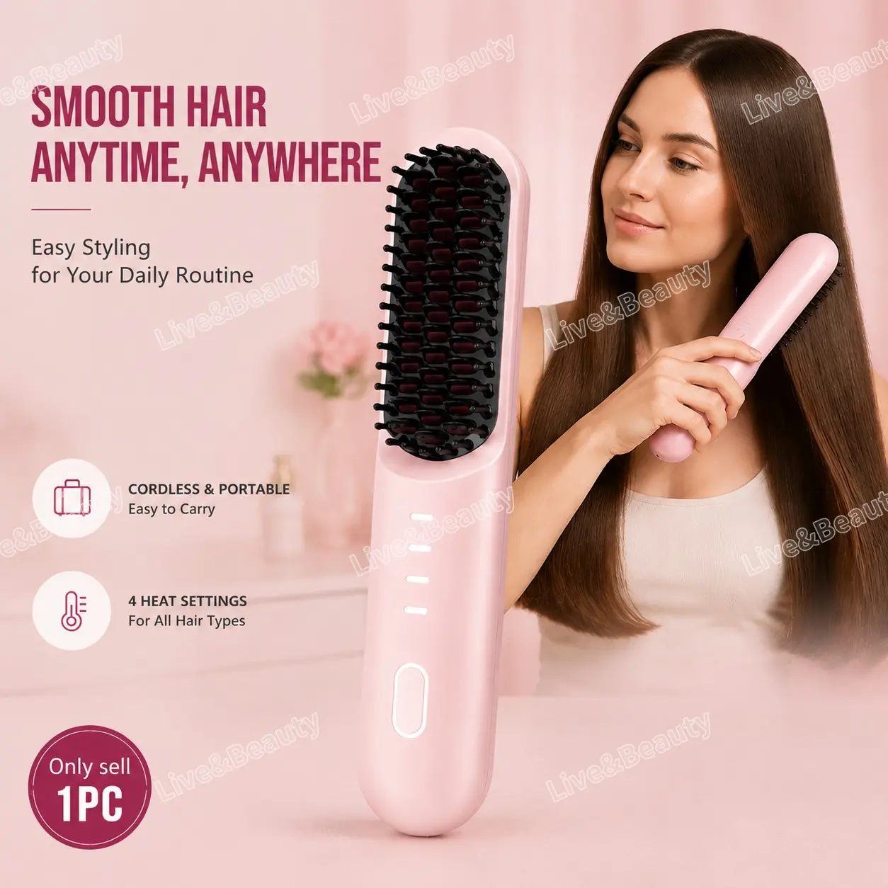 1 PC Go Brush-Pro for Short Hair, Ceramic Styling Comb, Styling Hair Tools with 4 Adjustable Settings and Portable Design for Super Sleek Smooth Frizz-Control Styling, for Home, Travel and Daily Use