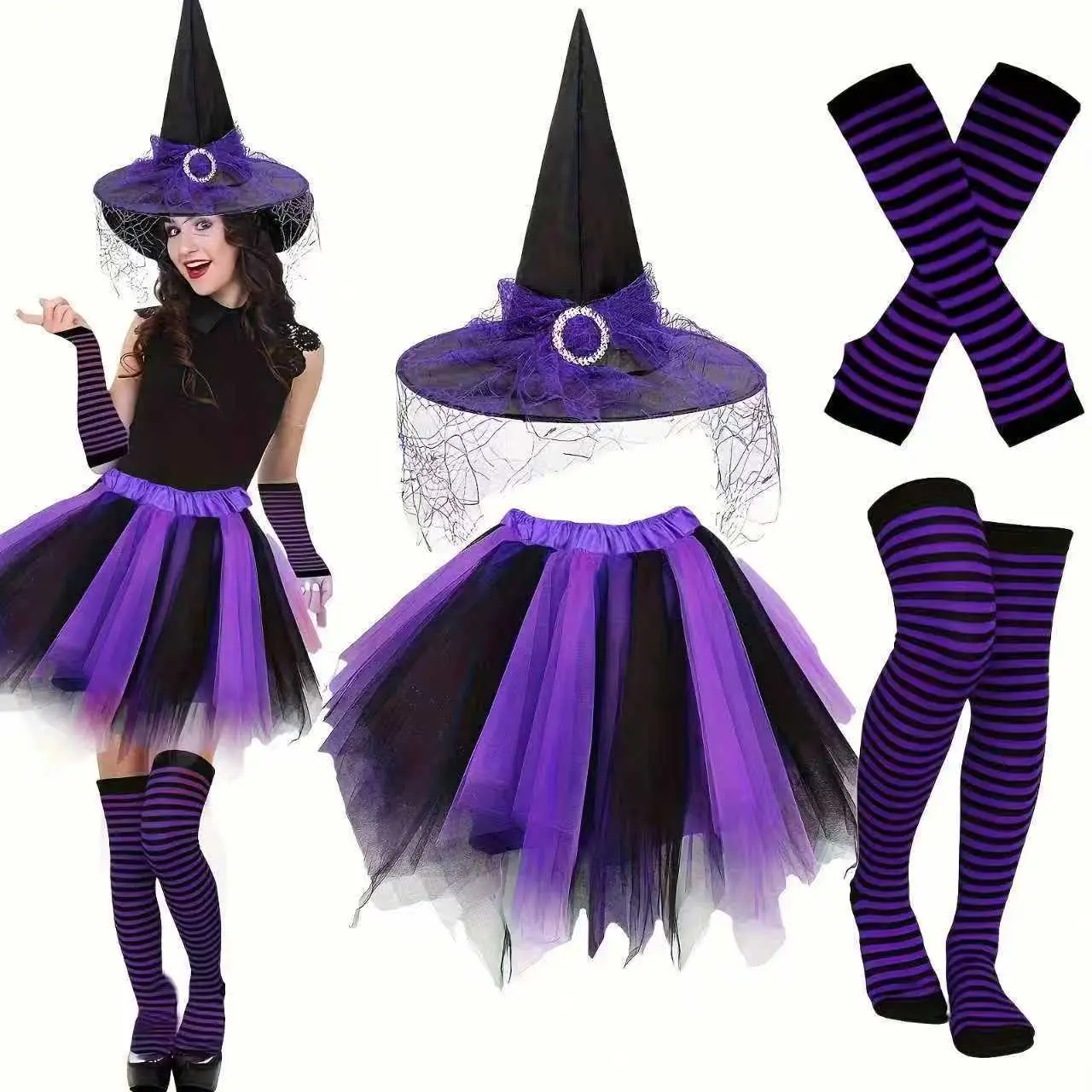 Women's 4-Pcs Halloween Witch Costume Accessory Set - Pointed Witch Hat, Purple Black Tutu Skirt, Striped Thigh High Socks, Arm Warmers, Cosplay Party Dress-Up Kit