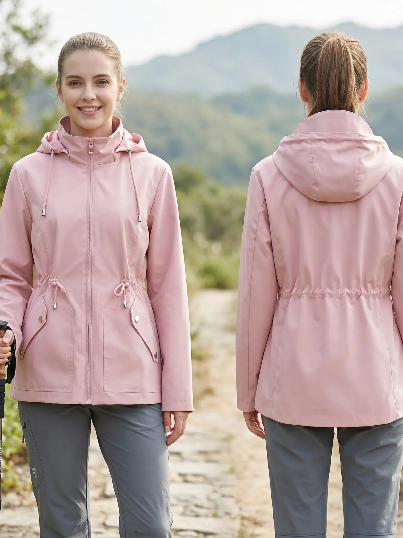 Women's Solid Lightweight Adjustable Drawstring Pocket Zipper Design Hooded Jacket, Casual Long Sleeve Button Waterproof Windbreaker Jacket for Spring & Fall, Ladies Clothes for Outdoor Activities Coats