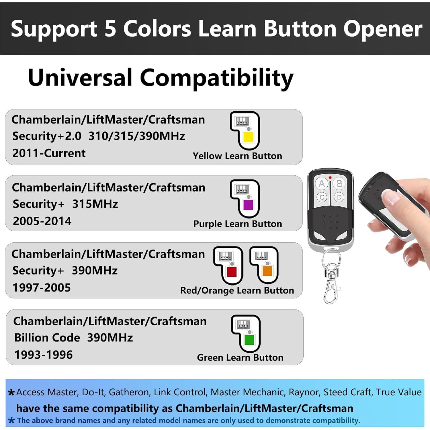 2 count Universal Garage Door Opener Remote 4-Button Programmable Compatible with Liftmaster Chamberlain Craftsman Opener with Purple Yellow Red Orange Green Learn Button 2 count Universal Garage Door Opener Remote 4-Button Programmable Compatible with Liftmaster Chamberlain Craftsman Opener with Purple Yellow Red Orange Green Learn Button