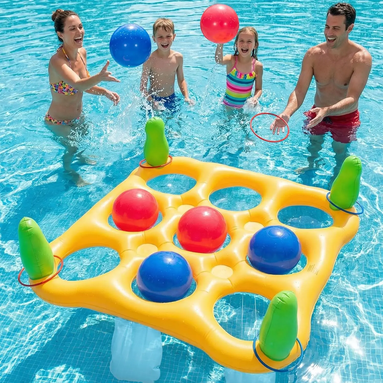 2 in 1 Pool Fun Set - Inflatable Float with 10 Balls & 8 Rings Tic-Tac-Toe Game for Summer Party Beach Outdoor Yard