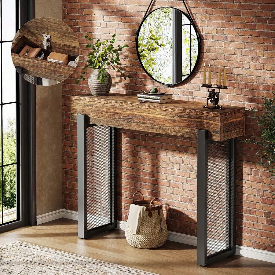 41" Wood Console Table With Storage, Industrial Small Entryway Table With Mesh Metal Legs, Narrow Sofa Table Behind Couch Living Room, Entryway, Foyer, Hallway, Rustic Brown & Black