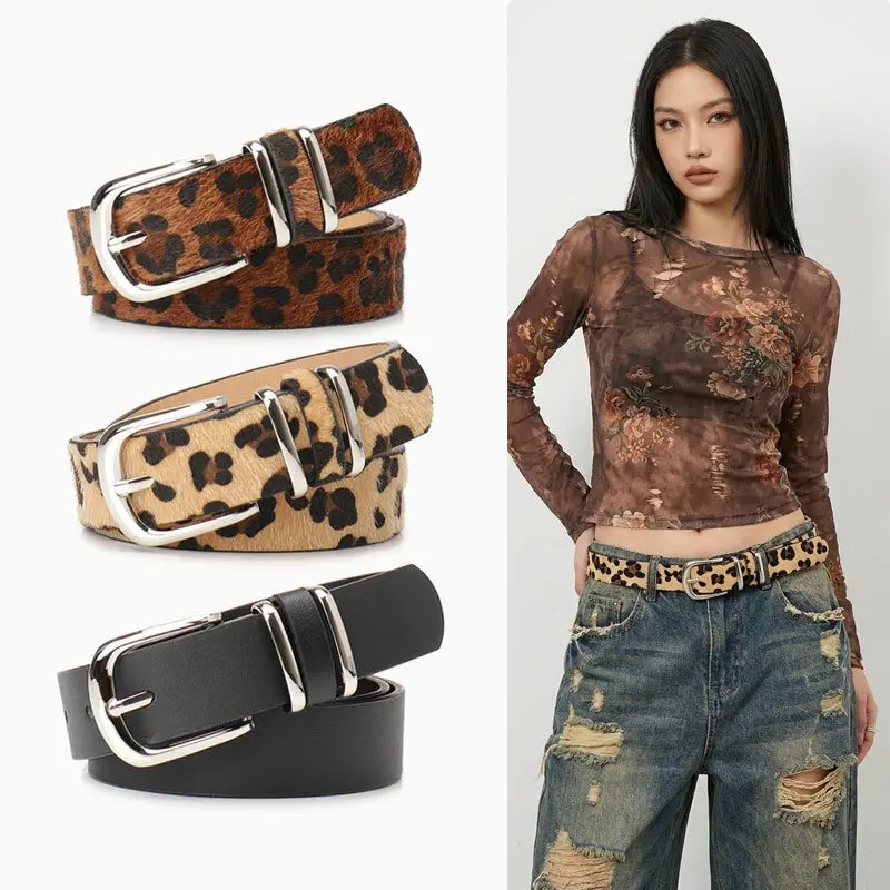 Cheetah Leopard Print Belt Women's Western-style leopard print double-ring belt; versatile PU leather belt for jeans and dresses.